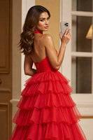 Load image into Gallery viewer, Red Halter A Line Tulle Ruffled Long Formal Dress with Slit