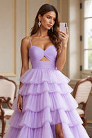 Load image into Gallery viewer, Purple Tulle A Line Spaghetti Straps Ruffled Long Formal Dress with Slit