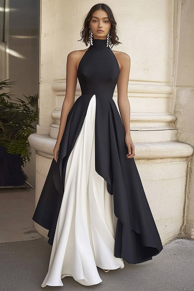 Queendancer Women Black White A Line Satin Formal Dress High Neck