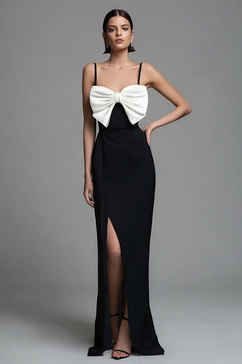 Queendancer Women Black and White Long Formal Dress with Slit Sheath