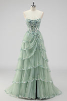 Load image into Gallery viewer, Lavender A Line Strapless Corset Tiered Formal Dress with Slit