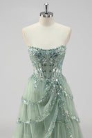 Load image into Gallery viewer, Lavender A Line Strapless Corset Tiered Formal Dress with Slit