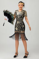 Load image into Gallery viewer, Sparkly Black Sequins Short Sleeves Flapper Dress with Fringes