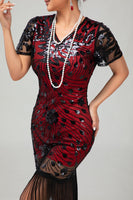 Load image into Gallery viewer, Sparkly Black Sequins Short Sleeves Flapper Dress with Fringes