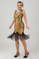 Load image into Gallery viewer, Sparkly Black Golden Sequins Tight Short 1920s Dress with Fringes
