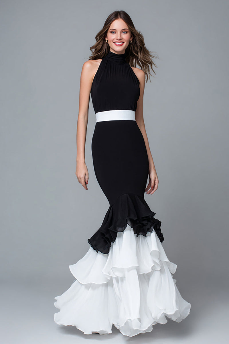 Queendancer Women Black and White Chiffon Ruffled Long Formal Dress