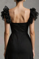 Load image into Gallery viewer, Black Square Neck A-Line Tulle Long Formal Dress with Ruffles