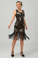 Load image into Gallery viewer, Sparkly Black Golden Sequins Fringed Flapper Dress with Fringes