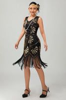 Load image into Gallery viewer, Sparkly Black Golden Sequins Fringed Flapper Dress with Fringes