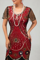 Load image into Gallery viewer, Sparkly Black Red Fringed Sequined Short 1920s Dress with Sleeves