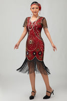 Load image into Gallery viewer, Sparkly Black Red Fringed Sequined Short 1920s Dress with Sleeves