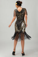 Load image into Gallery viewer, Sparkly Black Golden Sequins V-Neck Flapper Dress with Fringes