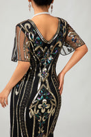 Load image into Gallery viewer, Sparkly Black Burgundy Fringed Short Sleeves 1920s Dress with Sequins