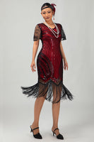 Load image into Gallery viewer, Sparkly Black Red Bodycon Fringed Flapper Dress with Sleeves