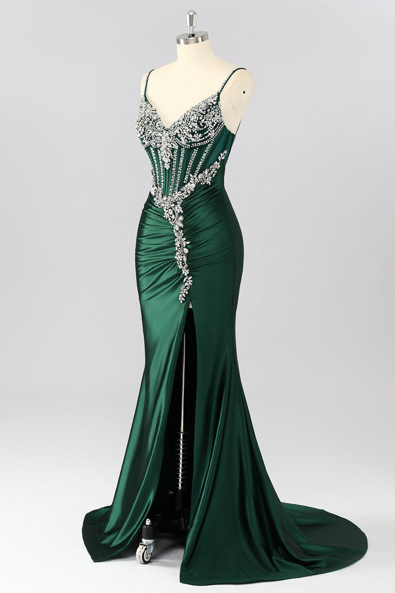 Queendancer Women Sparkly Dark Green Corset Long Formal Dress with