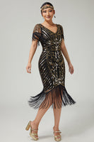 Load image into Gallery viewer, Sparkly Black Golden V-Neck Fringed Flapper Dress with Sequins