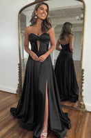 Load image into Gallery viewer, Royal Blue A-Line Corset Satin Long Formal Dress with Slit
