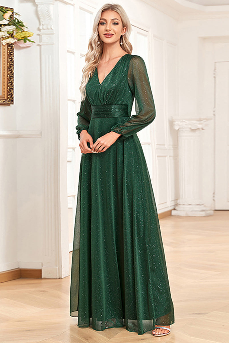 Queendancer Women Long Dark Green Formal Dress with Sleeves ALine VNeck Mother of The Bride