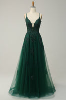 Load image into Gallery viewer, Zapaka Women Dark Green Long Formal Dress A Line Spaghetti Straps Evening Dress with Criss Cross Back