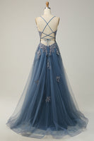 Load image into Gallery viewer, Dark Green Spaghetti Straps Tulle A Line Long Formal Dress with Appliques