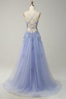 Load image into Gallery viewer, Dark Green Spaghetti Straps Tulle A Line Long Formal Dress with Appliques