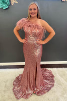 Load image into Gallery viewer, Light Blue Sparkly Sequins Off the Shoulder Long Formal Dress with Feathers