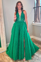 Load image into Gallery viewer, Sparkly Green Corset Halter Ruffled Long Tulle Formal Dress