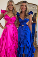 Load image into Gallery viewer, Red A-Line V-Neck Ruffled Long Formal Dress with Slit