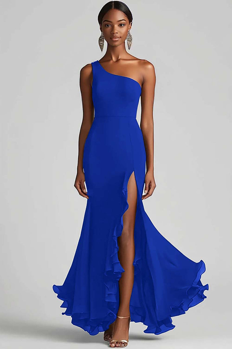 Queendancer Women Ink Blue Chiffon Long Formal Dress with Slit Mermaid