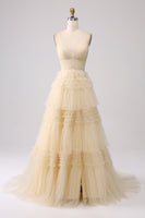 Load image into Gallery viewer, Navy A Line Tulle Tiered Spaghetti Straps Long Formal Dress