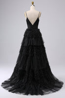 Load image into Gallery viewer, Navy A Line Tulle Tiered Spaghetti Straps Long Formal Dress