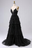 Load image into Gallery viewer, Navy A Line Tulle Tiered Spaghetti Straps Long Formal Dress