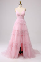Load image into Gallery viewer, Navy A Line Tulle Tiered Spaghetti Straps Long Formal Dress