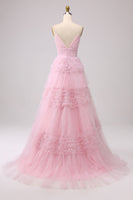 Load image into Gallery viewer, Navy A Line Tulle Tiered Spaghetti Straps Long Formal Dress