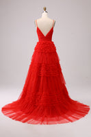 Load image into Gallery viewer, Navy A Line Tulle Tiered Spaghetti Straps Long Formal Dress