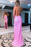 Load image into Gallery viewer, Sparkly Fuchsia Backless Sequins Long Formal Dress with Slit