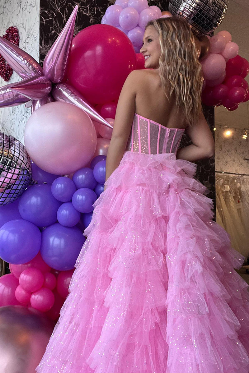 Load image into Gallery viewer, Glitter Pink Strapless A-Line Ruffled Long Formal Dress