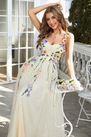 Load image into Gallery viewer, Spaghetti Straps Champagne Long Formal Dress With 3D Flowers