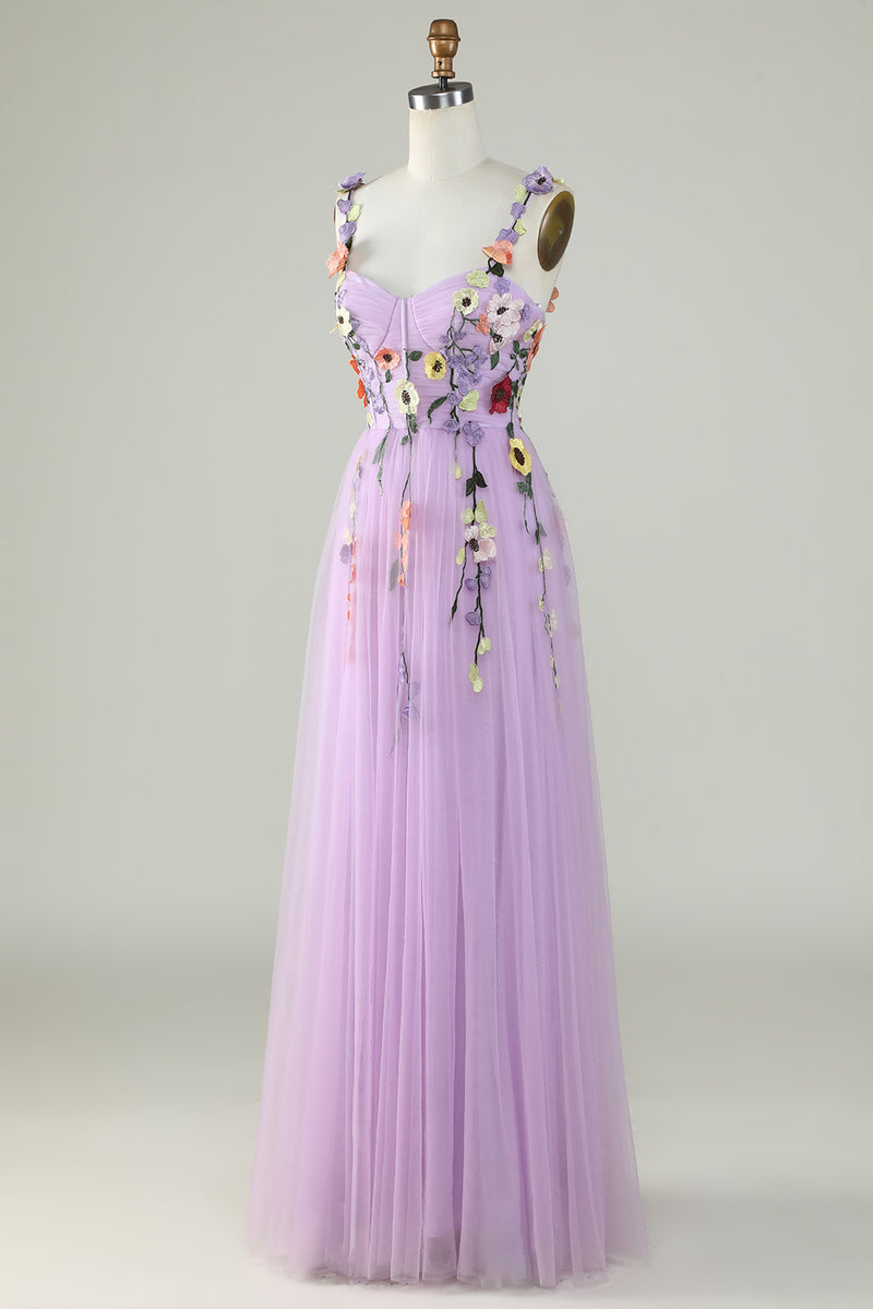 Load image into Gallery viewer, Purple Spaghetti Straps Long Formal Dress With 3D Flowers