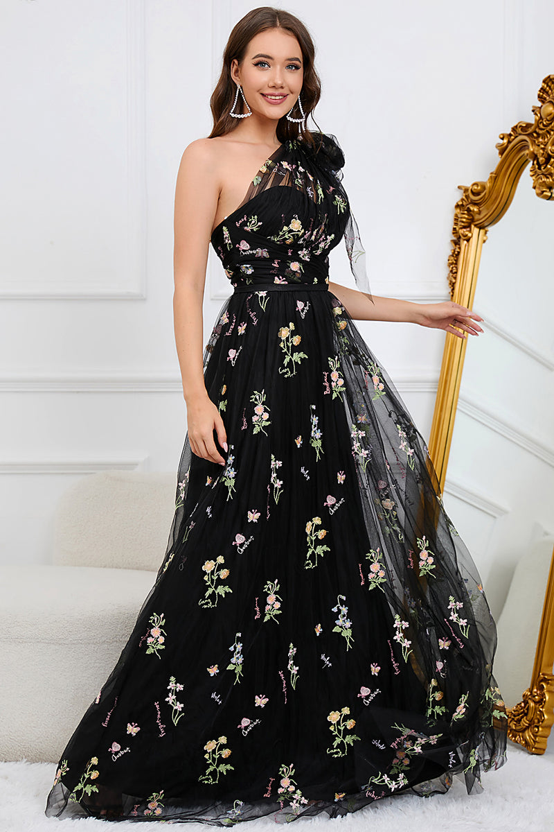 Queendancer Women Black Long Formal Dress with Embroidery Tulle One