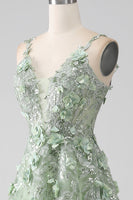 Load image into Gallery viewer, Sage A-Line Long Tulle Corset Formal Dress with Detachable Sleeves