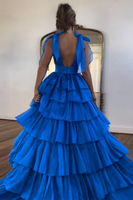 Load image into Gallery viewer, Fuchsia A Line V Neck Long Tiered Formal Dress