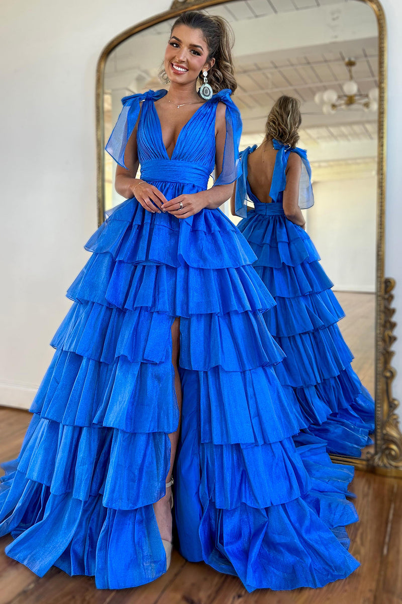Load image into Gallery viewer, Fuchsia A Line V Neck Long Tiered Formal Dress