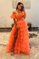 Load image into Gallery viewer, Orange Corset Off The Shoulder Tulle Long Formal Dress