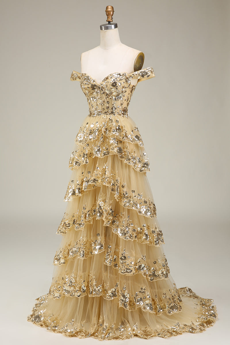 Load image into Gallery viewer, Pink Off The Shoulder Tiered Formal Dress