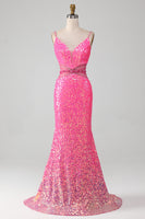 Load image into Gallery viewer, Light Blue Spaghetti Straps Glitter Mermaid Formal Dress with Beading Waist