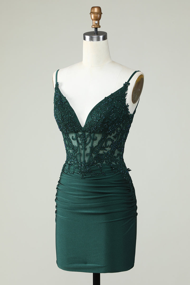 Queendancer Women Dark Green Semi Formal Dress with Beading Spaghetti