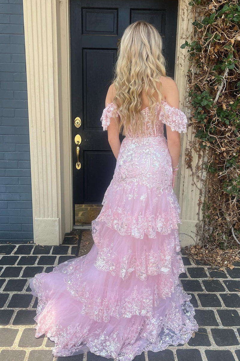 Load image into Gallery viewer, Dark Red Off The Shoulder Tiered Formal Dress