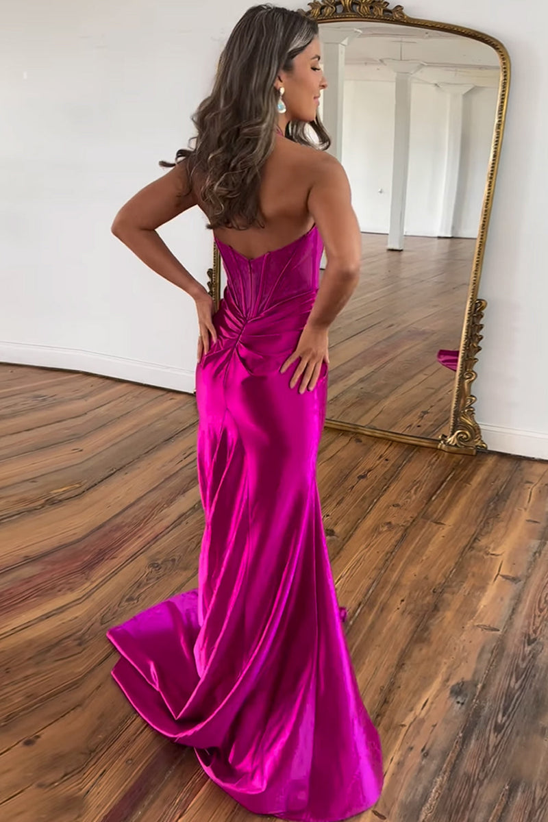 Queendancer Women Hot Pink Long Satin Formal Dress with Slit Halter