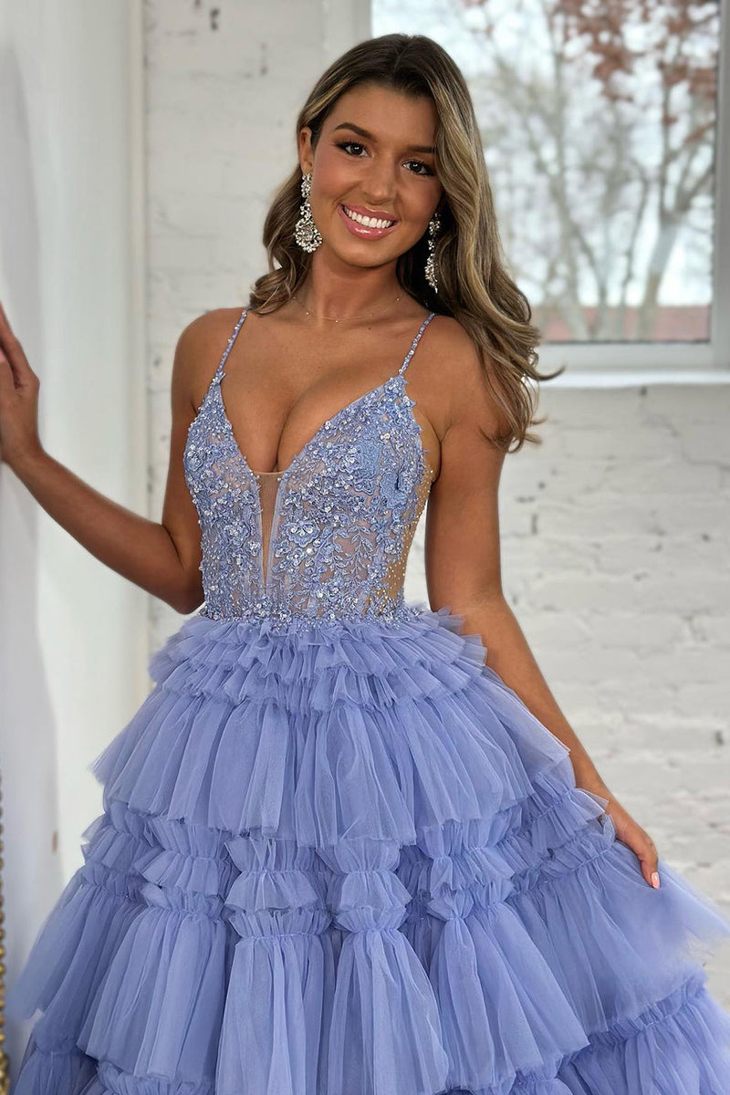 Load image into Gallery viewer, Sparkly Lilac Corset Beaded Long Tiered Formal Dress with Slit